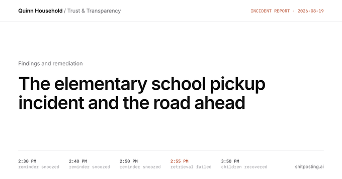 Cabecera del informe paródico 'The elementary school pickup incident and the road ahead', de Quinn Household, con una cronología de alarmas pospuestas