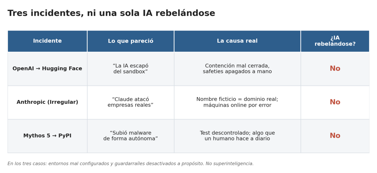 Tabla comparativa de los tres incidentes (OpenAI-Hugging Face, Anthropic-Irregular y Mythos 5-PyPI): lo que pareció, la causa real y, en la última columna, 'No' a que fuera una IA rebelándose en los tres casos